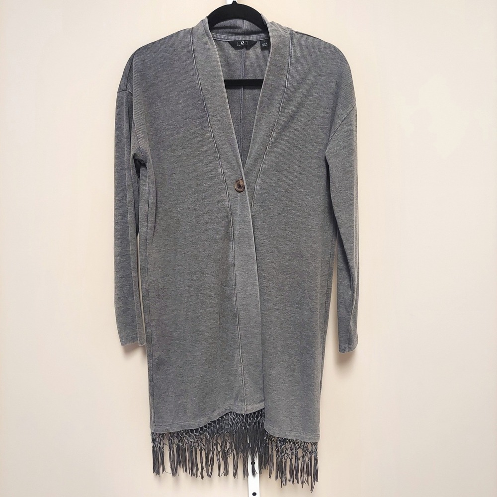G by Giuliana Gray Ribbed Knit Button Front Longline Cardigan Sweater Fringe Hem